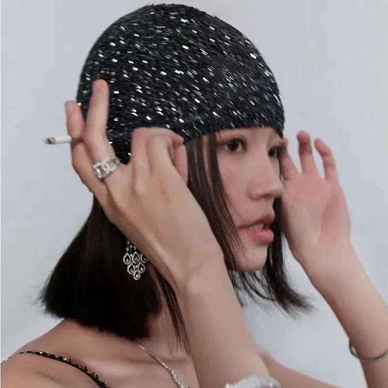 Korean Designer  Y2k Shiny Cold Cool Street Sequined Knit Hat Spring Summer  Girl Glitter Fashion Knitted Bag Head Beanie Hat