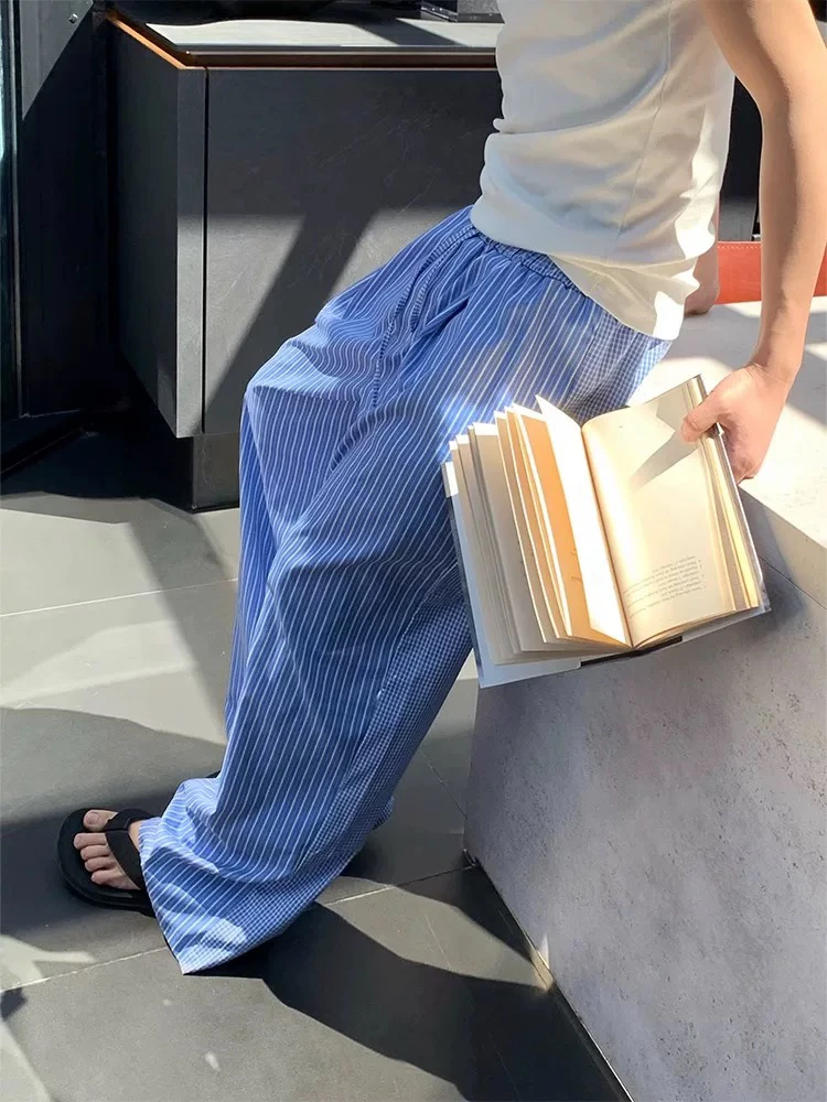 

American Blue Vertical Stripes Casual Drapey Straight Leg Pants ex Lazy Vaion Loose Wide Leg Floor-Length Slimming Pants
