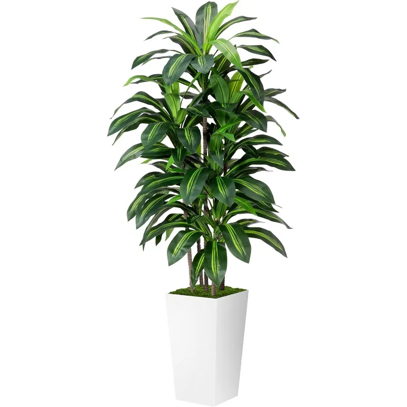 

Искусственное растение Dracaena. Внутреннее искусственное дерево с белым высоким горшком. - Высокое искусственное напольное растение в горшке - Искусственные деревья.
