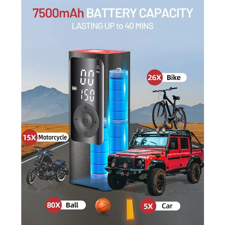ضاغط هواء محمول 2.5X أسرع 150PSI منفاخ إطارات لاسلكي مع شاشة LCD مزدوجة وإيقاف تلقائي لسيارة دراجة نارية