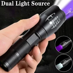 Powerful Purple White Dual Light LED Flashlight Zoom Retractable UV Flashlight Fluorescent Agent Detection Scorpion Detector