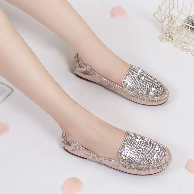 Woman Elegant Round Toe Cute Bling Rhinestone Flats Female Versatile Ballerina Shoes Gold Black Comfortable Soft Soled Mary Jane