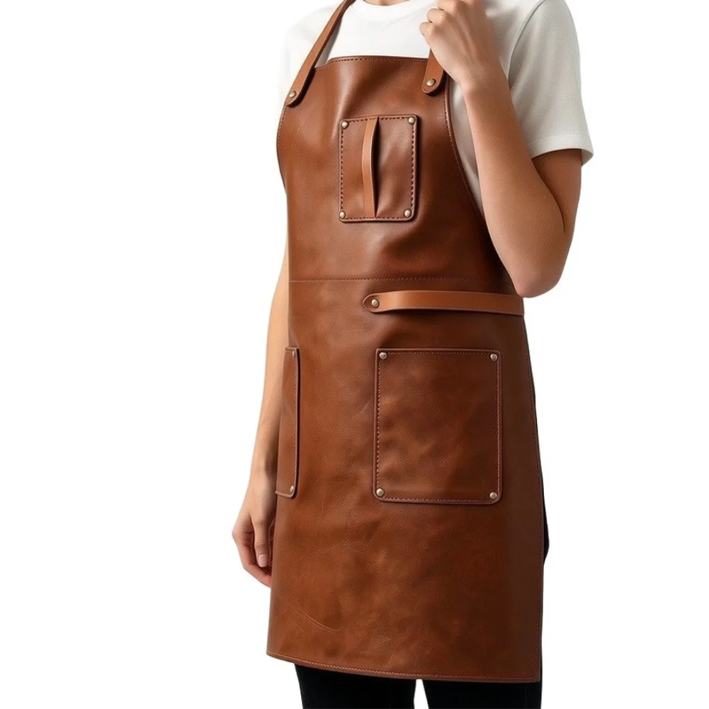PU leather BBQ apron 86x65cm waterproof and stain resistant 3 pockets brown coffee black for kitchen and grilling purposes