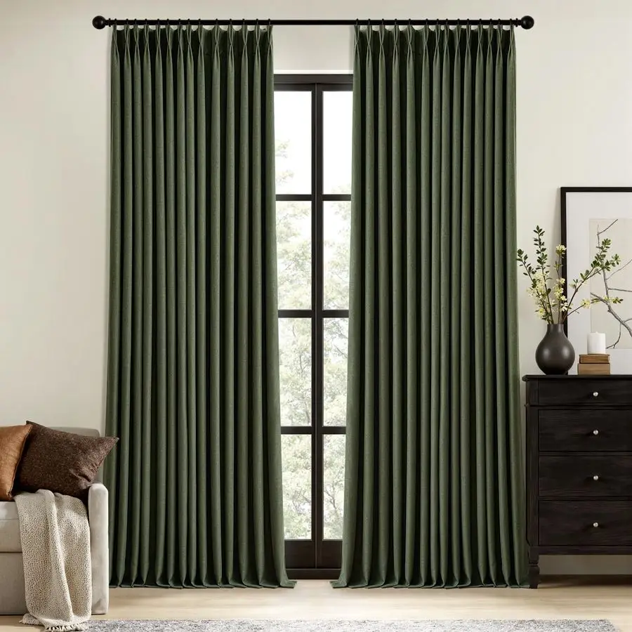 

Olive Green Pinch Pleated 100 Blackout Linen Curtains for Bedroom, Room Darkening Memory Trained Dark Green Window Curtains 84 i