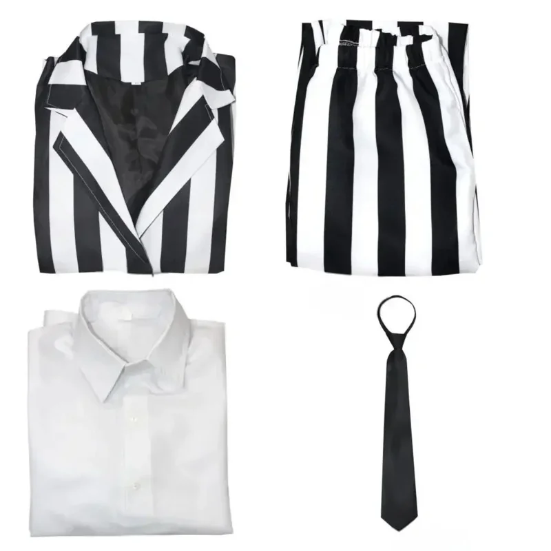 

In Stock Anime Cosplay Beetle Juice Male Black and White Striped Suit Scary Halloween Costumes Wig Tie Cam