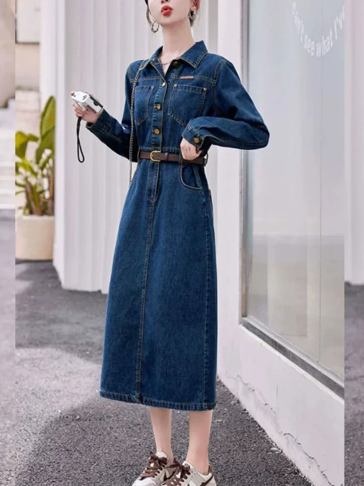 2024 Autumn Winter Casual Women Lapel Single Breasted Denim Dress Vintage Lady Empire Slim A-line Midi Dress with Belt