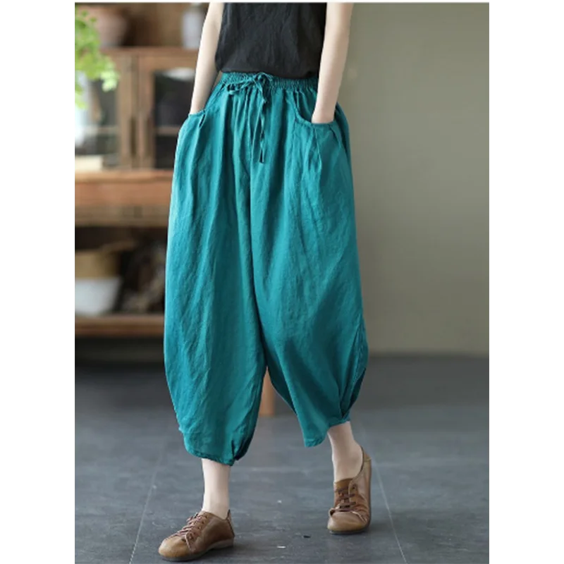 Senhoras moda solta coringa confortável algodão e linho bloomers casual personalidade cintura alta temperamento casual harem calças