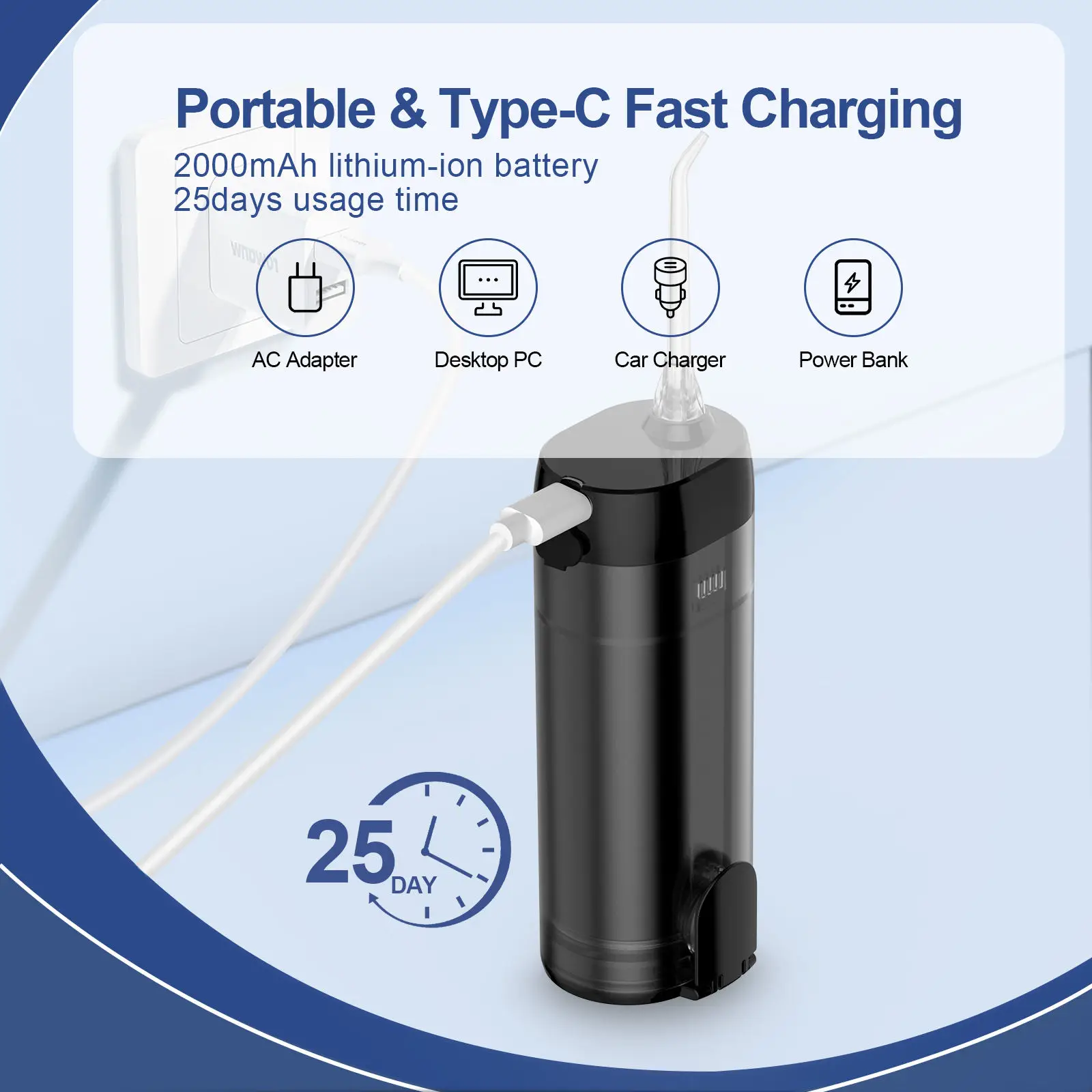 h2ofloss Portable Water Flosser Mini Dental Oral Irrigator Black Cordless for Teeth Oral Care-Braces Rechargeable & Waterproof