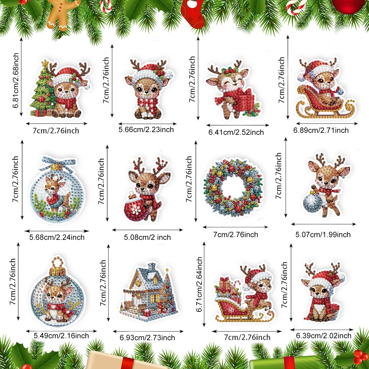 12 pieces DIY diamond painting acrylic material, Christmas deer pattern diamond painting key chain kit