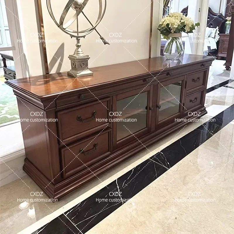 American Style Solid Wood TV Cabinet and Coffee Table Set Retro European Living Room Furniture Floor Storage Cabinet for