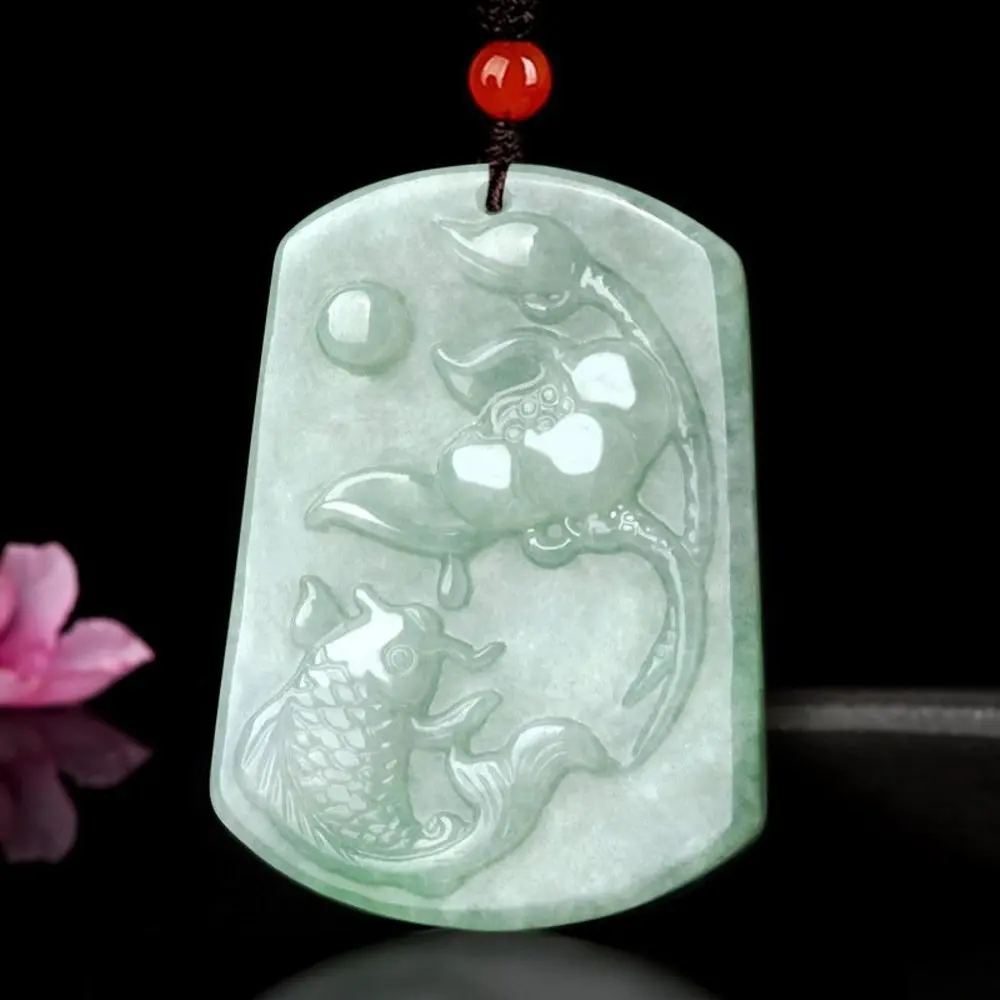 

Natural Grade A Jade Jadeite Men Women Best Gift Lucky Carved Lotus Fish Oblong Pendant