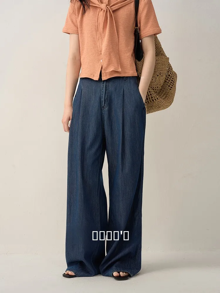 

Low-Waist Wide-Leg Jeans Women's Loose Fit Floor-Length Casual Sle Cotton Denim Trousers Spring Season High Waist No Stretch