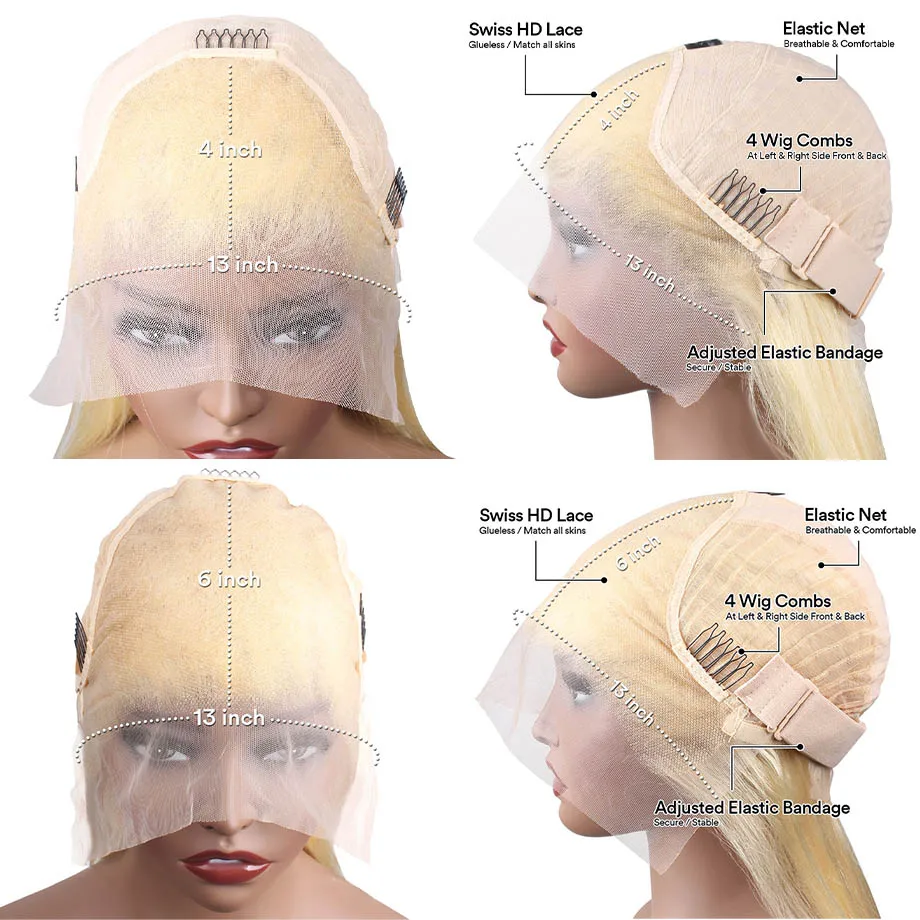 Perruque Lace Front Wig sans colle naturelle brésilienne, cheveux lisses, blond 613, 13x6, 13x4 HD, 30 pouces