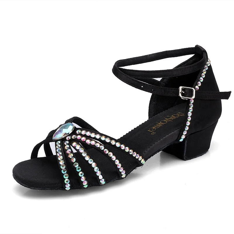 Zapatos de baile latino para niñas y mujeres, zapatos de tacón bajo, gamuza de satén de cristal, Tango, baile de salón competitivo, zapatos de baile de Salsa