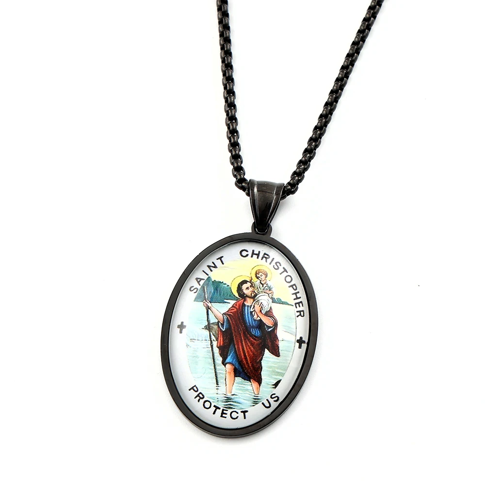 Saint Christopher Protect Us Glass Medal Pendant Necklace for Women Men Stainless Steel Gold Color Catholic Traveler Jewelry