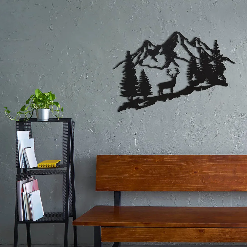 Metal Deer Wall Art Signs Forest Mountain Cabin Decor Black Cutout Plaque Rustic Animal Hunting Farmhouse Man Cave Decoration