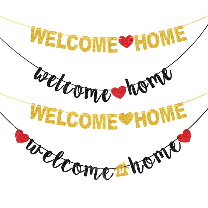 Willkommen zu Hause Banner Willkommen zurück Party Banner Golden Black Glitter Home Party Zeichen Dekore Banner für Militär Armee Party Dekor – Detail 1