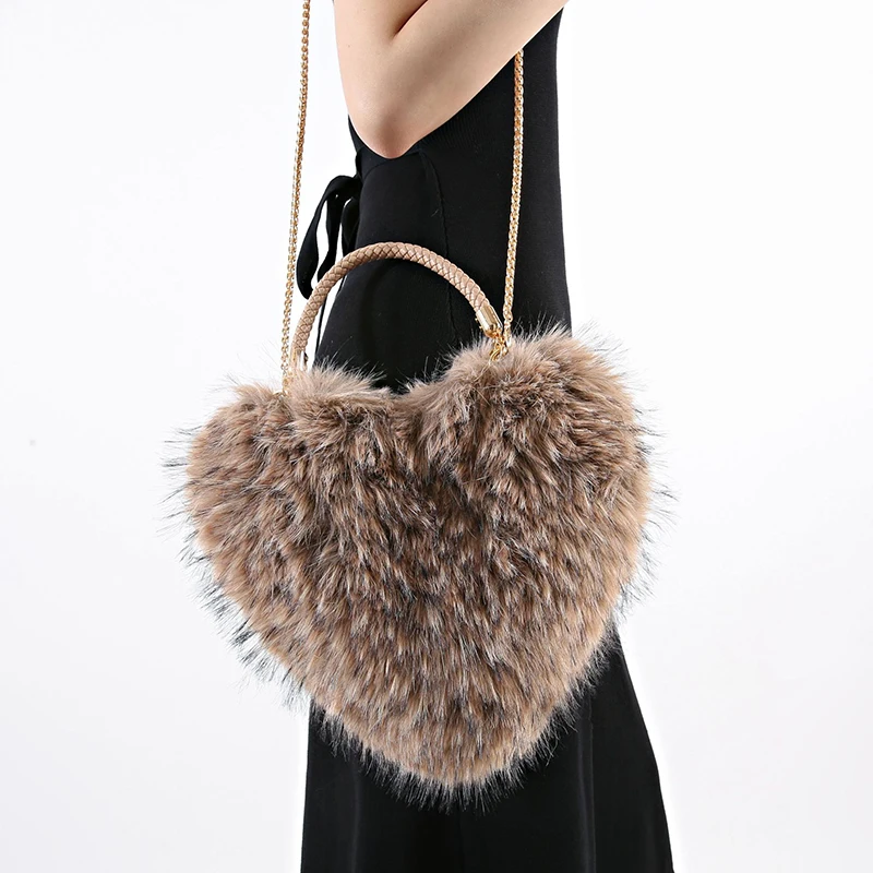 Heart Shaped Faux Fur Handbag Large Capacity Fluffy Plush Shoulder Bag Women's Fashion Evening Party Chain Crossbody Bag