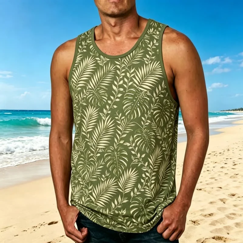 Men's tropical plant floral printed vest,  suitable for summer, tropical vacation and sunset strolling occasions