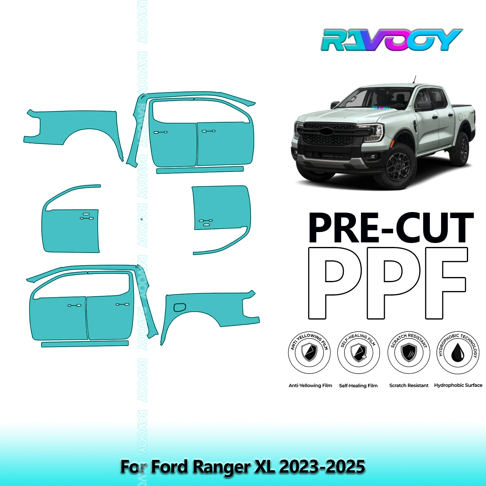 

For Ford Ranger XL 2023-2025 8.5mil Clear Matte Pre-Cut PPF Door & A/B Pillar Kit TPU Paint Protection Film Set