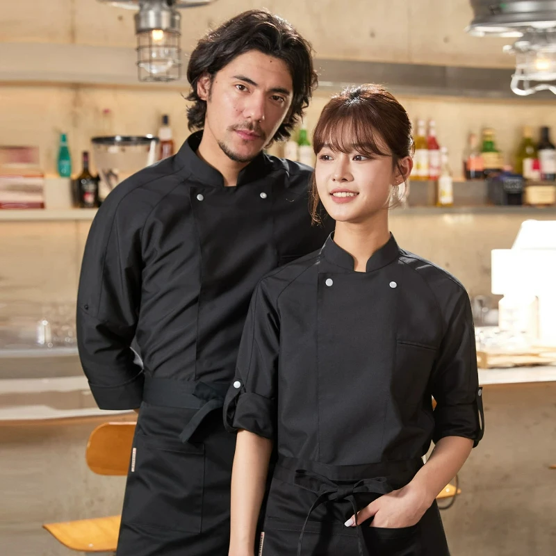 Chef Jacket Black White Adjustable Sleeve Men Women Kitchen Coat  Durable Hotel Restaurant Waiter Uniform