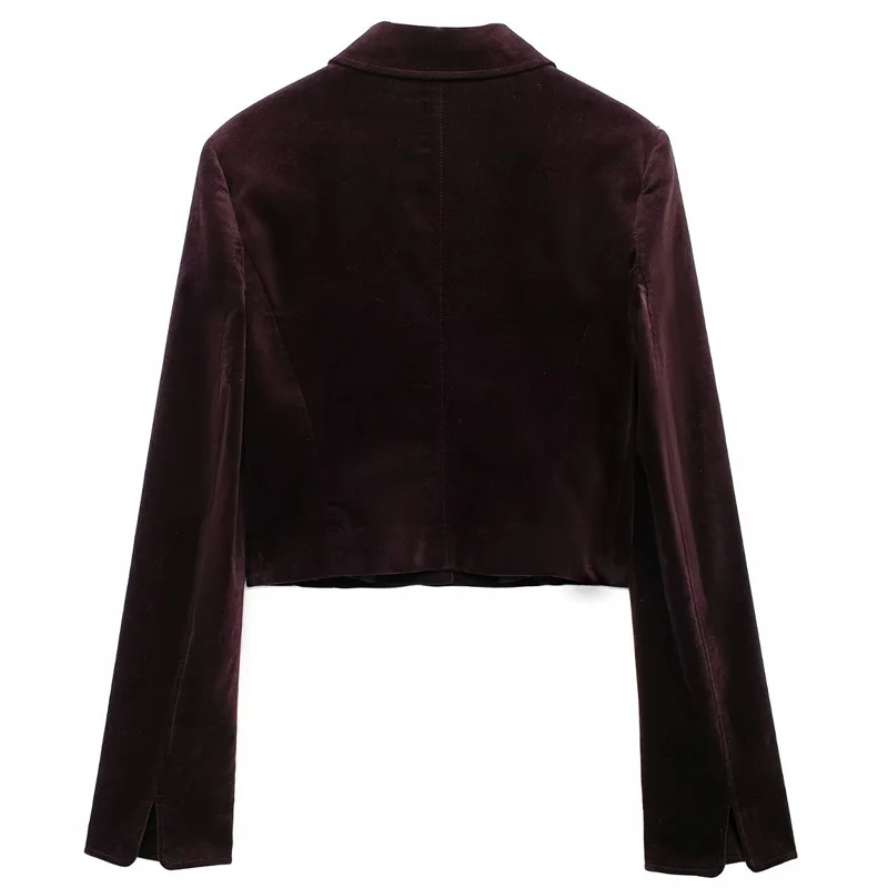 TRAF Women\'s Jacket Cropped Velvet Jacket Autumn Winter Coats Woman 2024 Burgundy Jacket Outerwear Lady Fashion Long Sleeve Coat