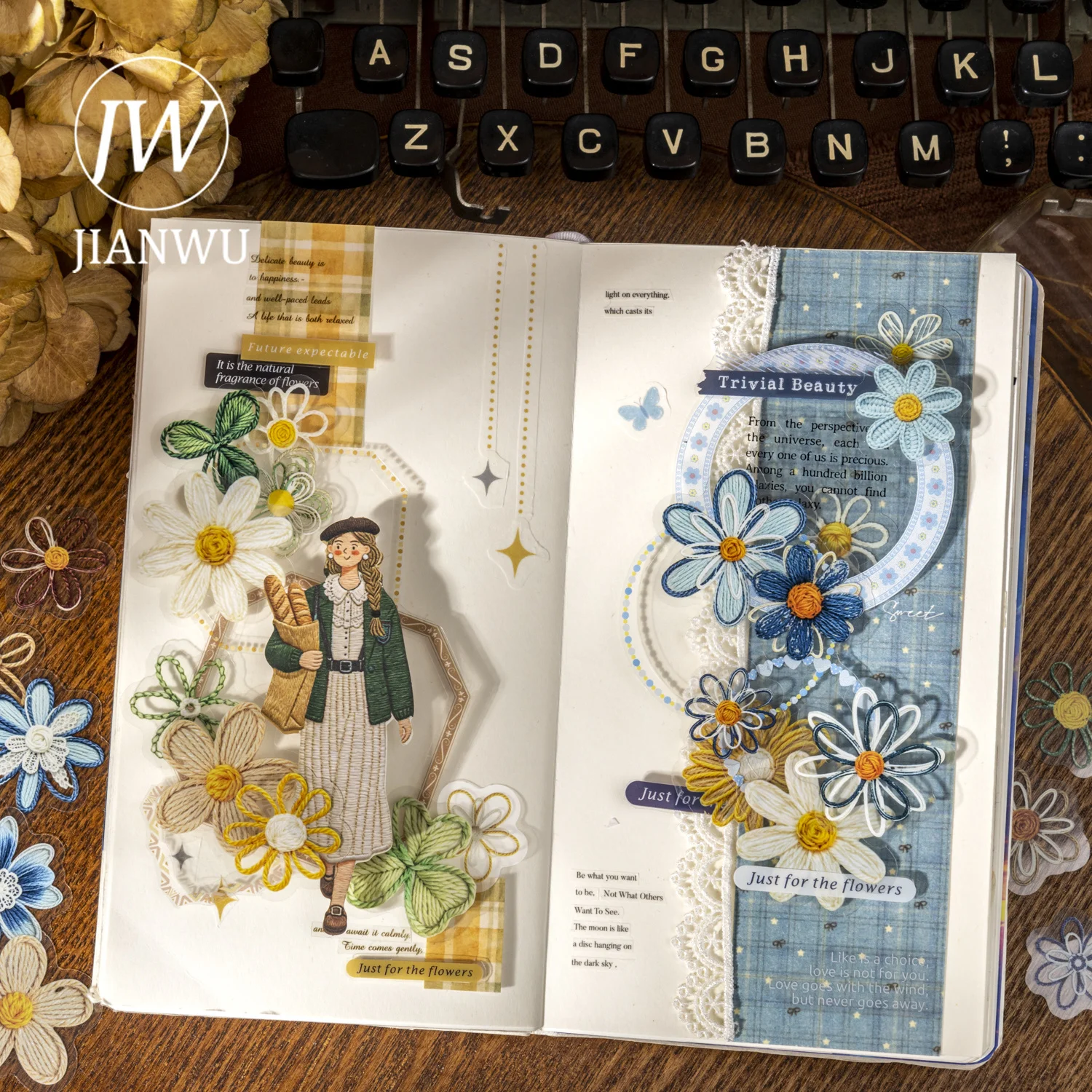 JIANWU Vintage Simulated Embroidery Flower Landscape Material Collage Scrapbooking PET Sticker Creative DIY Journal Stationery view 5