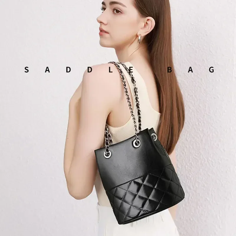 Yao dong, bolso de lujo con cadena para mujer, nuevo bolso cruzado de cuero genuino para mujer, bolso tipo cubo, piel de vaca de calidad, entramado de diamantes, hombro B