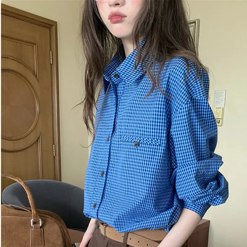 

Loose Blue Shirt Vintage 2026 Spring And Autumn Versatile Plaid Shirt Long Sleeved New Top Casual
