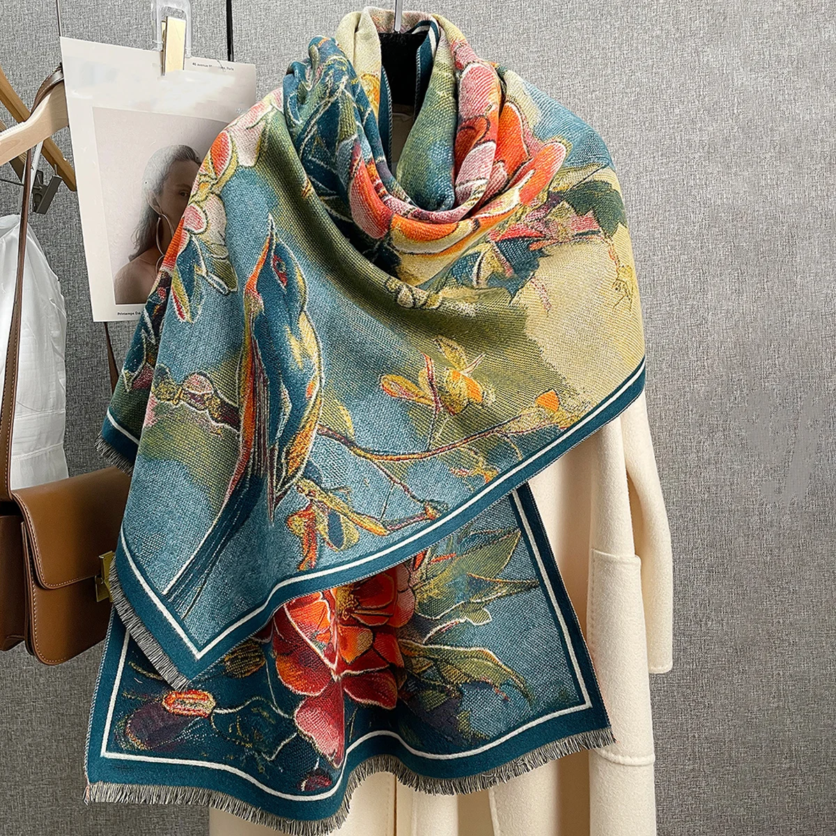 Fashion Double-sided Winter Thick Warm Neck Scarf Air Conditioning Shawl Floral Printing Autumn and Winter Cashmere Feel Blanket