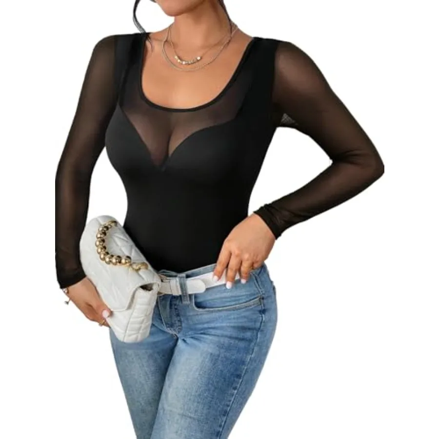 

Women's Sexy Long Sleeve Square Neck Mesh Bodysuit Tops Going Out Body Suit Shirts