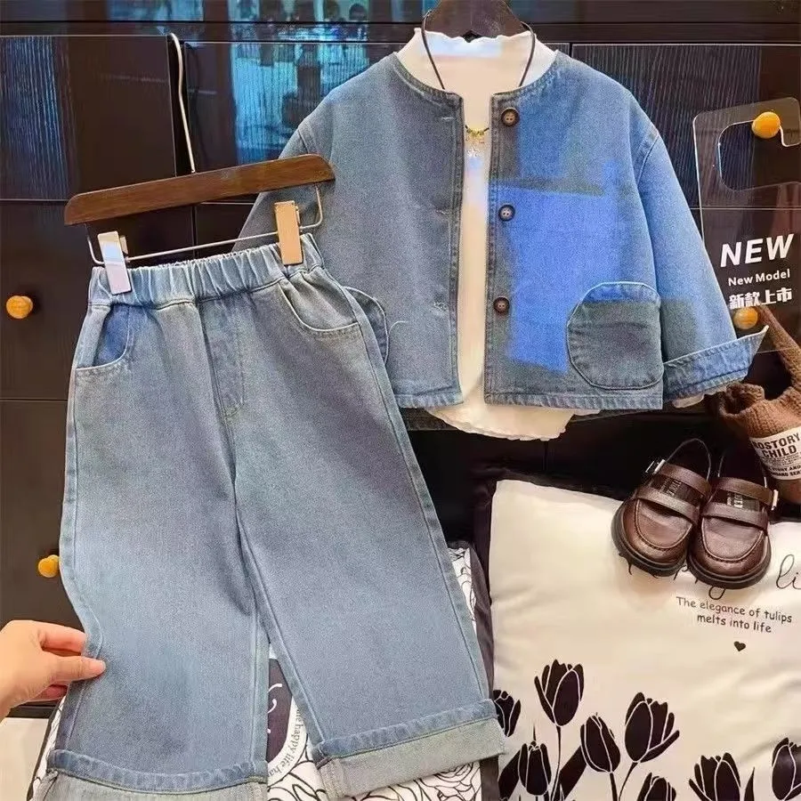 

Spring Autumn Girls Denim Set New Korean Style Children Fashionable Outerwear Wide Leg Pants Two Piece Set for Kids