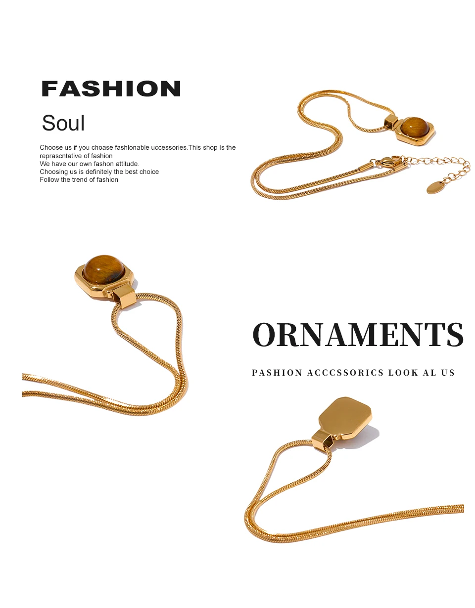 Yhpup High Quality Natural Tiger Stone Square Pendant Necklace Rust Proof Gold Color Fashion Collar Versatile Jewelry Gift