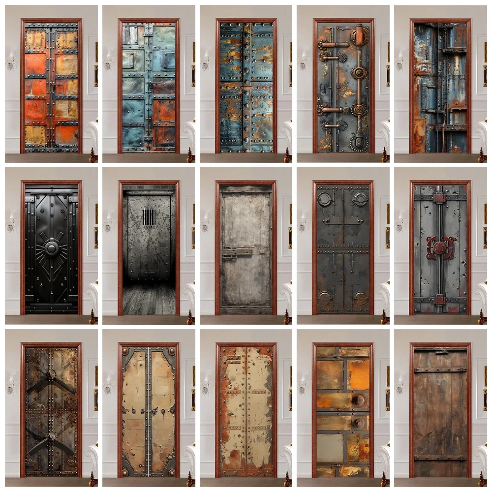 

Vintage Steel Iron Gate Design Door Wrap Mural Decals Removable Retro Rusty Printed Creative Home Decorative Door Poster Sticker