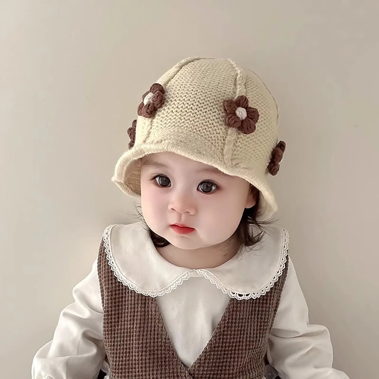 

Winter Warm Baby Knit Hat Handmade Yarn Flower Fisherman Hats 8-36Month Girls Woolen Pullover Cap Sweet Children Beanie Bonnet