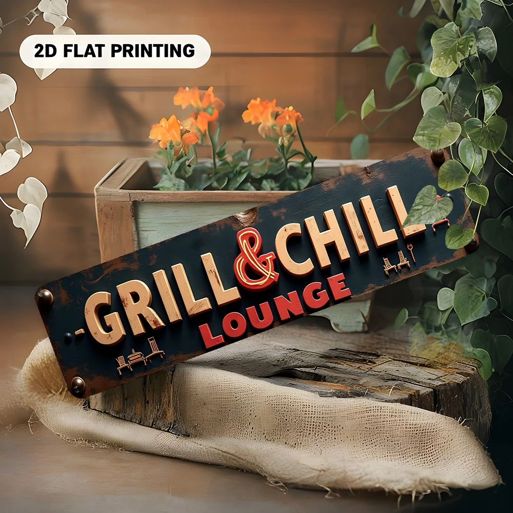 Blechschild „Grill & Chill Lounge“ – 2D-Flachdruck, Vintage-Metallwanddeko, rustikale, antik-gebeizte schwarze Plakette mit Grill- & Stuhl-Design