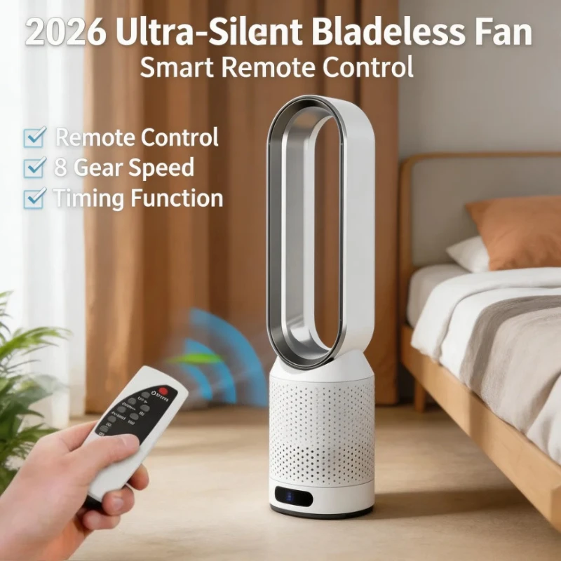 2026 Turmventilator ohne Rotorblätter mit Luftreinigung, leise, 8 Geschwindigkeiten, 90° °   Oszillations-2-Stunden-Timer mit Fernbedienung für Zuhause und Wohnheim