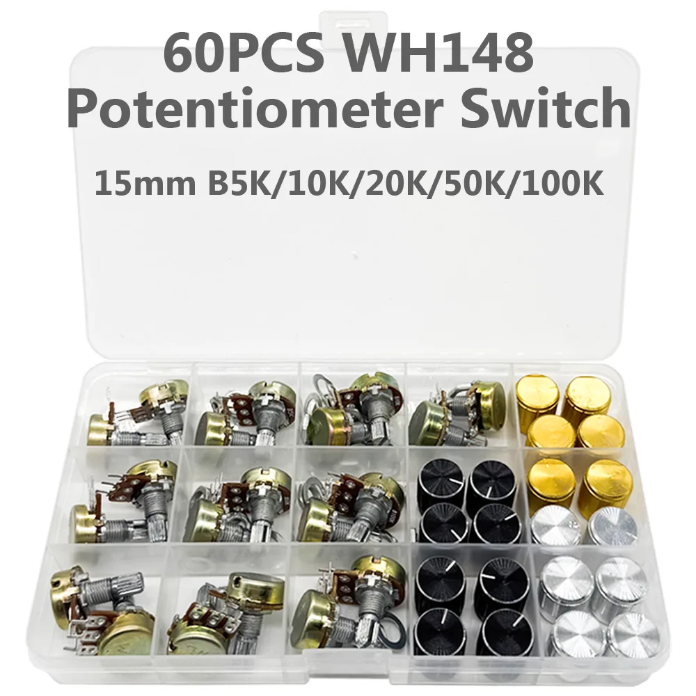 

60PCS Adjustable Potentiometer Switch Set WH148 Single 3pin 15MM with Storage Box B5K 10K 20K 50K 100K Ohm for Electronics