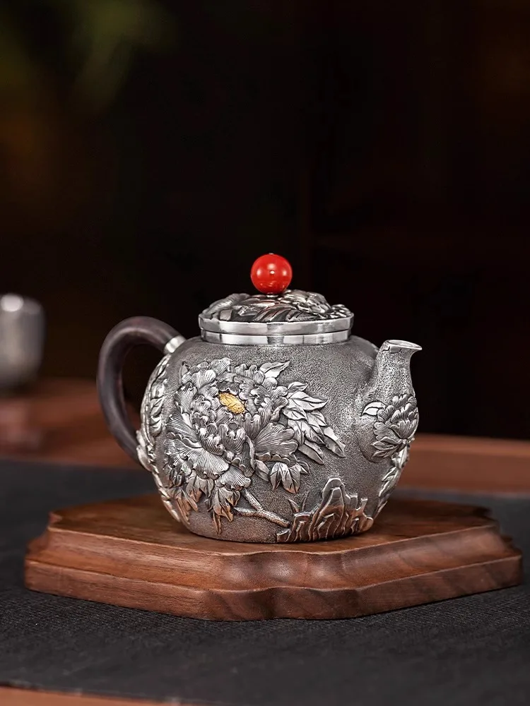 Pure Silver 99.9% Tea Pot Rich and Noble Peony Pure Handmade Carving Gift High end Silver Tea Set Pure Silver Pot