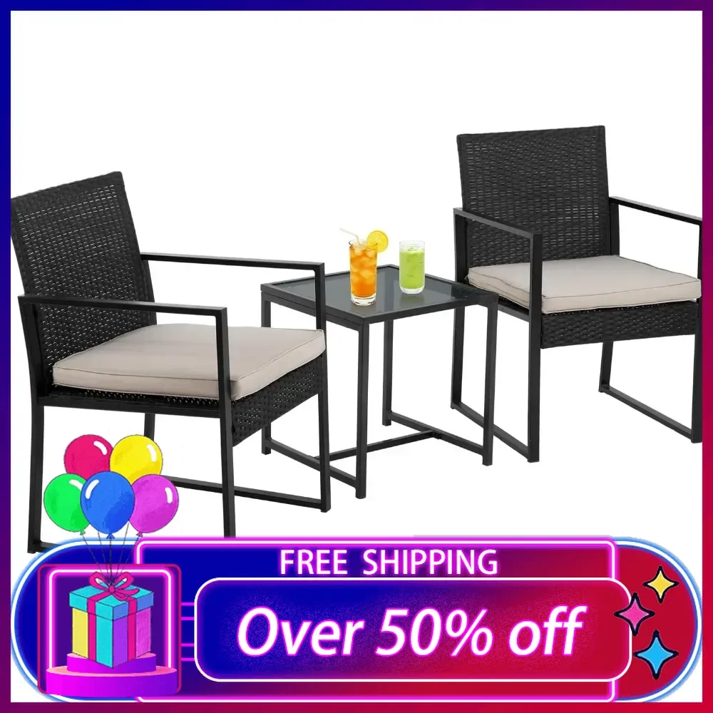 

3-Piece Wicker Bistro Set Outdoor Conversation Set Sturdy Frame Wicker Furniture with 2 Chairs Cushions Tempered Glass Table