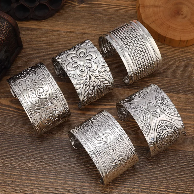 Chinese Retro Ethnic Style Miao Silver Wide Edition Bracelet Women's Bohemian Arm Bracelet