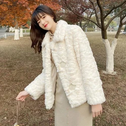 Women's Faux Rex Rabbit Fur Jacket, Lambswool Plush Parka Coat, Loose Outerwear, Thick Warm, Duffle Buckle, Autumn, Winter, New