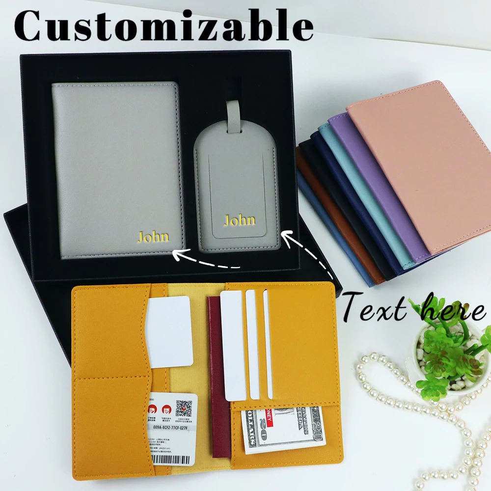 Customized Name PU Leather Passport Case Luggage Tag Gift Box Multi-Functional Multi-Slot Leather Passport Bag Gift
