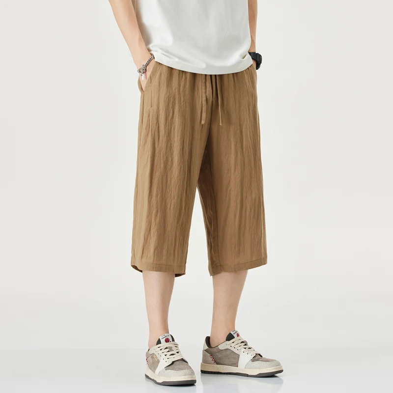 

Мужские дышащие льняные брюки из тенселя, летние легкие свободные повседневные брюки прямого кроя, быстросохнущие брюки с эластичным поясом