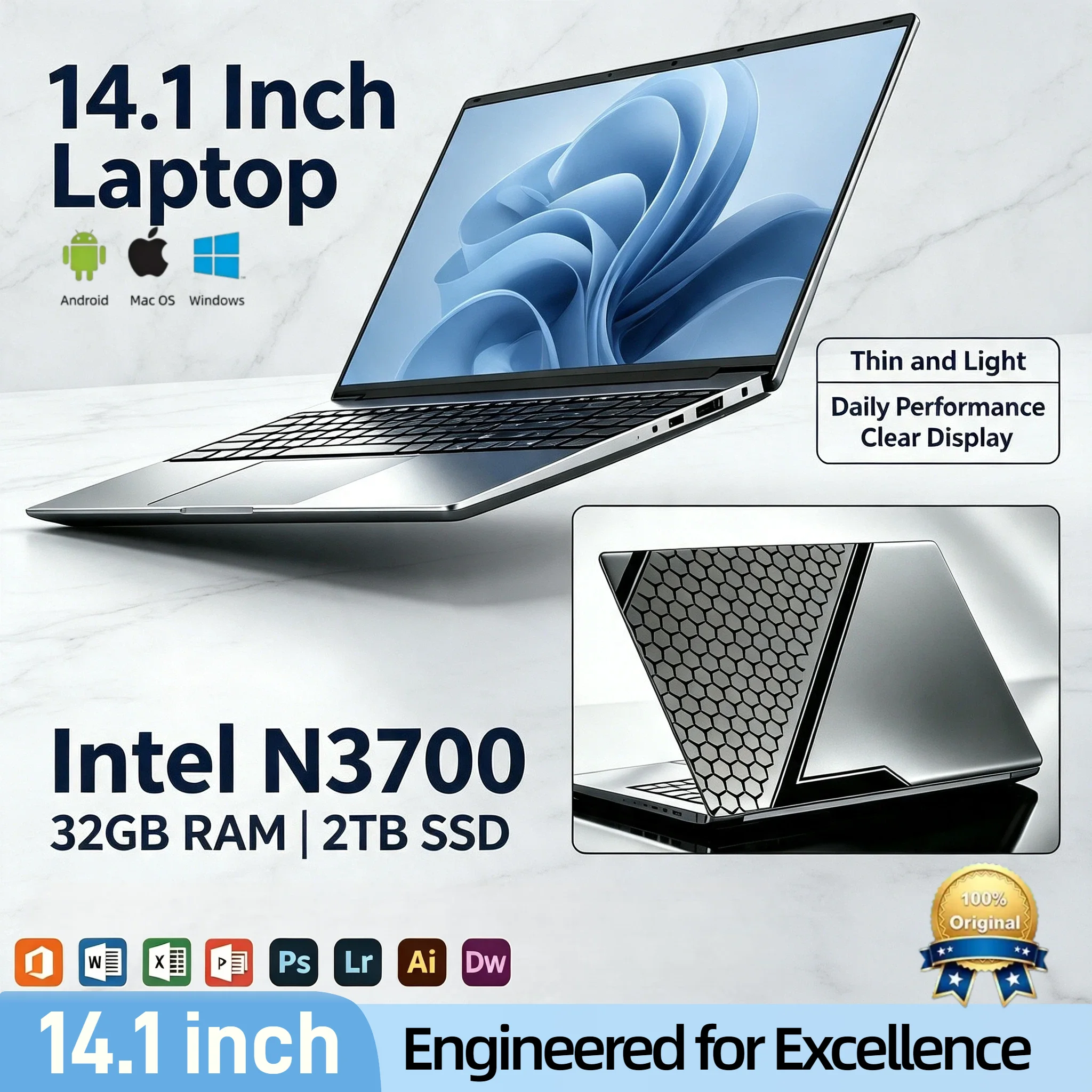 Intel N3700 14.1 Inch Laptop 4C4T 1.6GHz Base 2.4GHz Turbo 16GB RAM 2TB SSD Ultra Slim Gaming Pro High Performance Plus