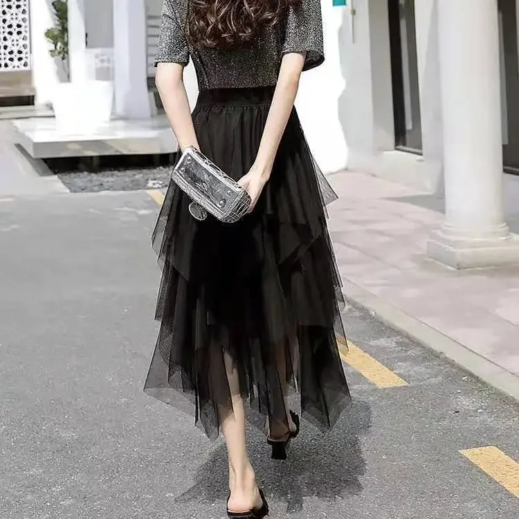 Fashion Summer Tutu Women Skirt Harajuku Tulle Bottom Faldas Casual High Waist Midi Mesh Skirts Woman Clothes Saia Jupe Femme
