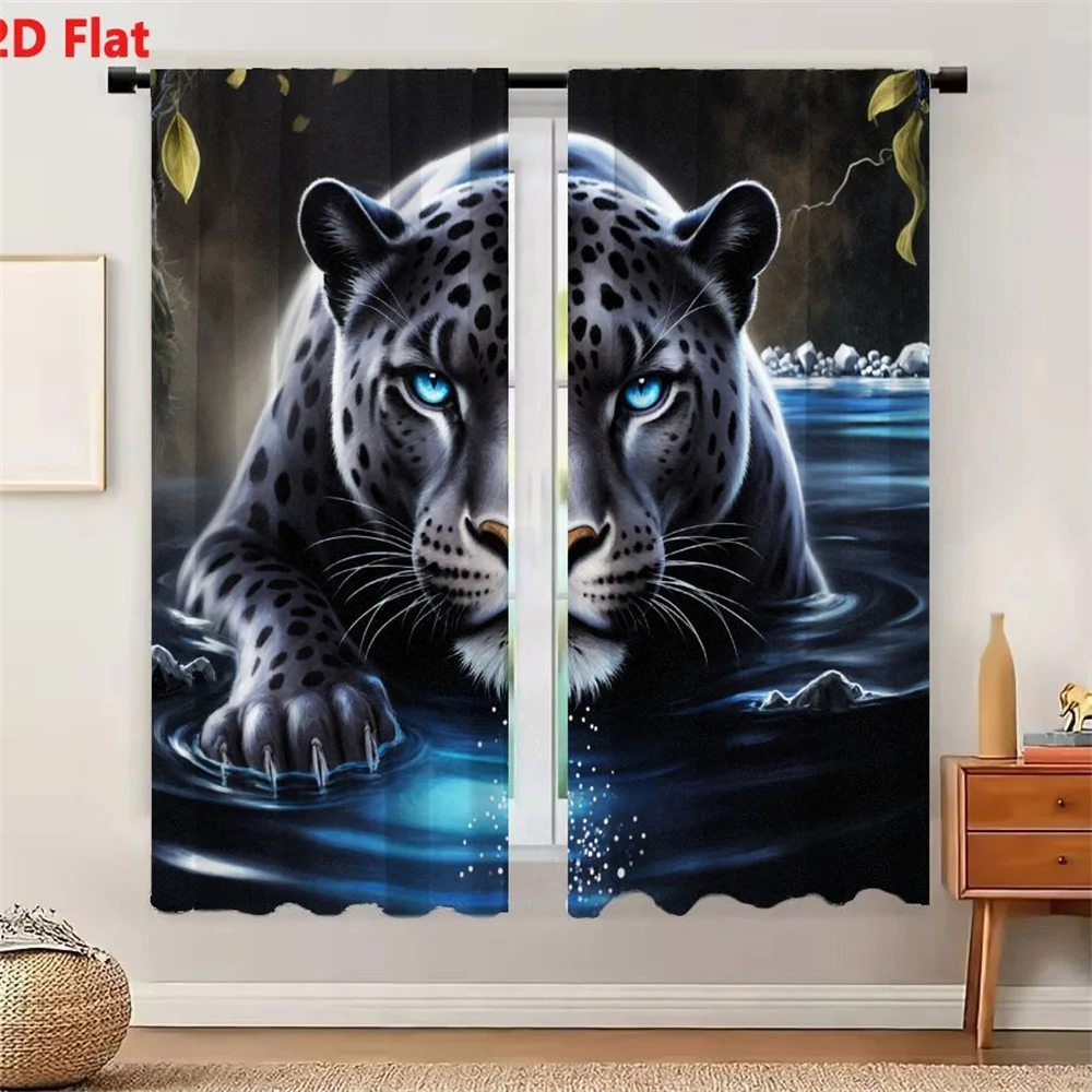 2Pcs Curtains 2D Flat Artistic Snow Leopard With Blue Eyes In Water Mystical Big Cat In River Stream Dark Misty Background Windo