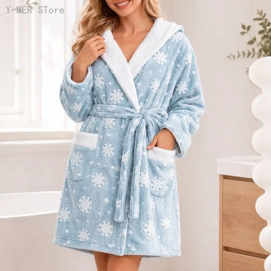Ladies Hooded Coral Fleece Dressing Gown Christmas Snowflake Pattern Self Tie Belt Side Pockets Warm Plush Winter Home Bathrobe