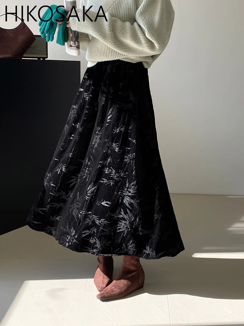 

Vintage Jacqurd Elegant Velvet Skirts Women High Wasit A-line All-match Slim Long Jupe 2024 Spring New Korean Chic Faldas Mujer