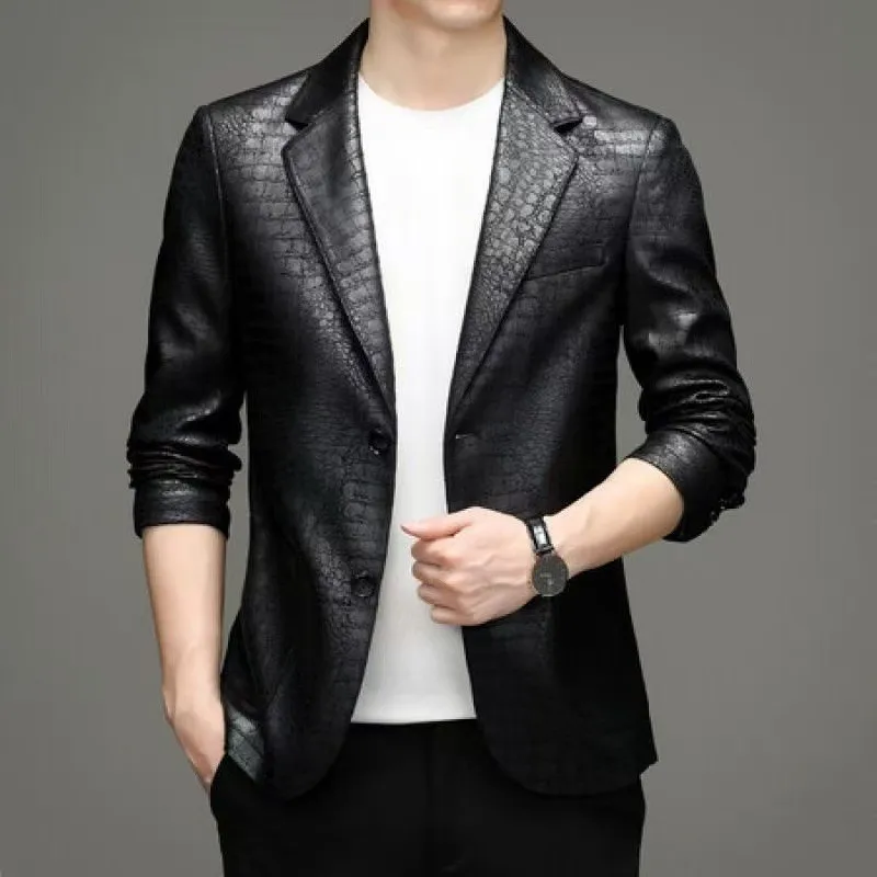 

New Fashion Men Slim Fit Leather Suits Blazer Jackets Man PU Leather Suits Coats Quality Male Business Casual Jackets Size 4XL